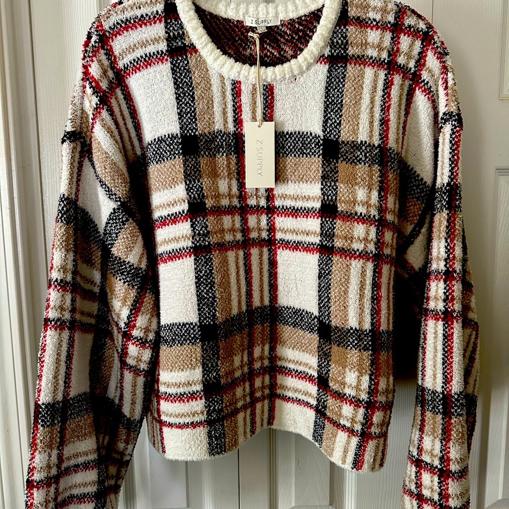 NEW Z SUPPLY solange plaid sweater in vanilla ice